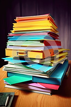 stack of colorful office folders and paperwork on a desk