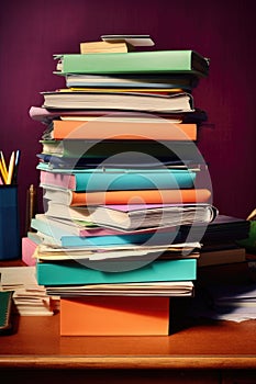 stack of colorful office folders and paperwork on a desk