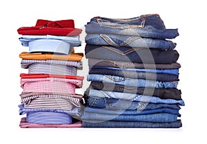 Stack of colorful office shirts and jeans