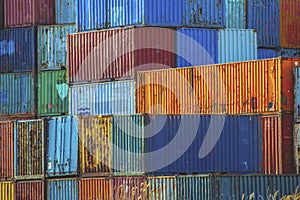 Stack of colorful old rusty sea freight containers in a port