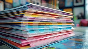 Stack of colorful paper documents and books