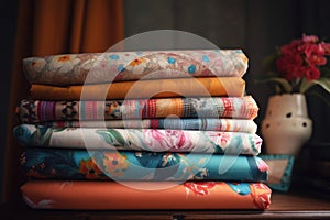 stack of colorful and patterned fabrics for sewing projects