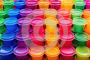 stack of colorful plastic containers with attached lids