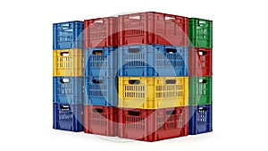 A stack of colorful plastic crates on a white background