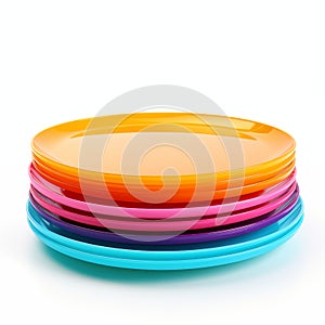 Stack Of Colorful Plastic Plates On A White Background