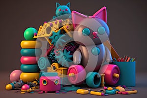 stack of colorful playthings for robotic kitten to bat and chase