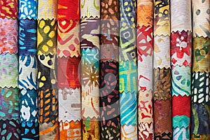 Stack of colorful quilting batik fabrics as a vibrant background image