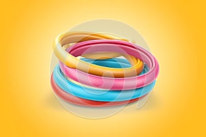 A stack of colorful rubber bands on a yellow background. AI generation