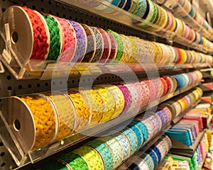 Stack of colorful sewing threads, spools of thread on shelves at retail store in shopping mall in textile industry. Fabric pattern
