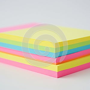 Stack of colorful sticky notes featuring layers in yellow, blue, and pink. The notes are photo