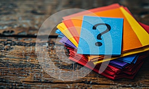 Stack of colorful sticky notes on wooden background with a prominent blue note featuring a black question mark symbolizing