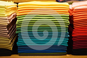 Stack of colorful t-shirts. Layers of colorful fabric. Stack of colorful folded clothes, multicolored background