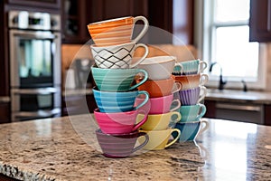 stack of colorful teacups on a kitchen counter