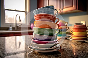 stack of colorful teacups on a kitchen counter