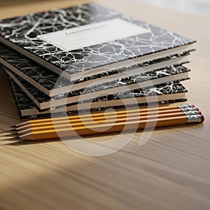 Stack of Composition Notebooks with Pencils