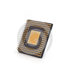 Stack of computer CPU processor microchips cut out on white background