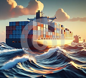 stack Container carho ship Canal Port Freight Sea computer aid service logistics transport ai generated