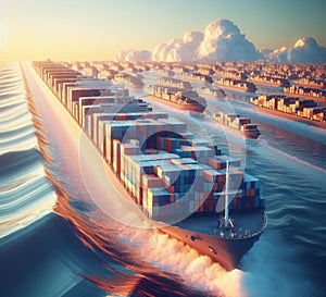 stack Container carho ship Canal Port Freight Sea computer aid service logistics transport ai generated