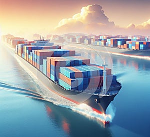 stack Container carho ship Canal Port Freight Sea computer aid service logistics transport ai generated