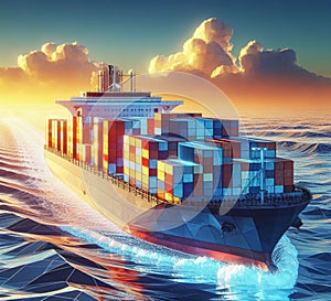 stack Container carho ship Canal Port Freight Sea computer aid service logistics transport ai generated