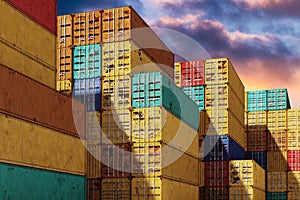 Stack of containers box, Cargo freight ship for import export logistics.