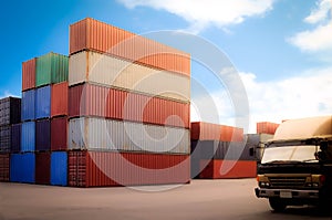 Stack of containers box in a logistic depot yard and track head without labels on blue sky backdrop. Cargo freight ship for import