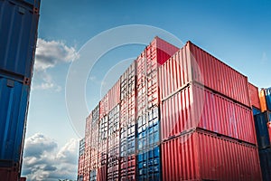 Stack of Containers Cargo Ship Import/Export in Harbor Port, Cargo Freight Shipping of Container Logistics Industry. Nautical