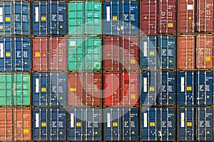 Stack of containers in a harbor.  Shipping containers stacked on cargo ship. Background of Stack of Containers at a Port.