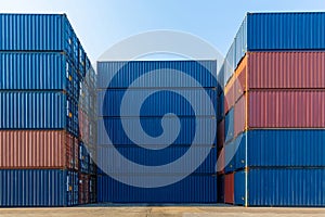 Stack of containers in a harbor. Shipping containers stacked on cargo ship. Background of Stack of Containers at a Port.