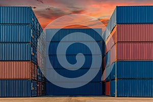 Stack of containers in a harbor. Shipping containers stacked on cargo ship. Background of Stack of Containers at a Port.