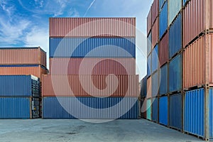 Stack of containers in a harbor. Shipping containers stacked on cargo ship. Background of Stack of Containers at a Port.