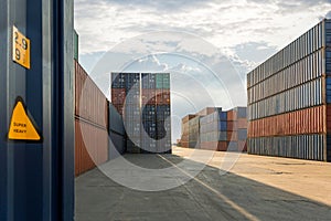 Stack of containers in a harbor. Shipping containers stacked on cargo ship. Background of Stack of Containers at a Port.