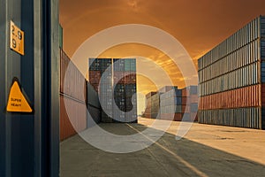 Stack of containers in a harbor. Shipping containers stacked on cargo ship. Background of Stack of Containers at a Port.