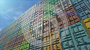 Stack of containers in a harbor, shipping at dockyard, logistic import and export, in normal day color, bottom angle