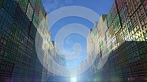 Stack of containers in a harbor, shipping at dockyard, logistic import and export, sun dramatic light, day light summer