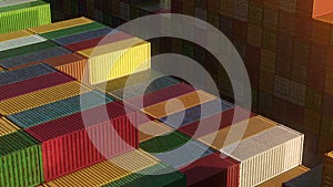 Stack of containers in a harbor, shipping at dockyard, logistic import and export, sunset light, seamless infinite loop