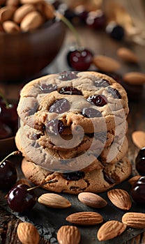 A stack of cookies with cherries and almonds, a delicious baked goods treat