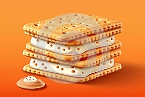 Stack of cookies crackers with cream fillin on orange background