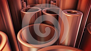 Stack of copper tubes. Industry Concept.