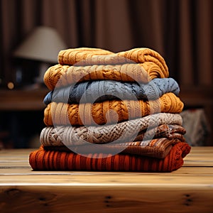 Stack of cozy autumn sweaters, perfect for chilly weather