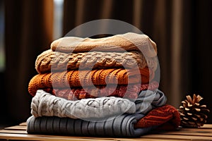 Stack of cozy autumn sweaters, perfect for chilly weather