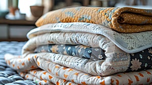 Stack of Cozy Children's Quilts and Blankets with Playful Patterns and Textures for Warmth and Comfort