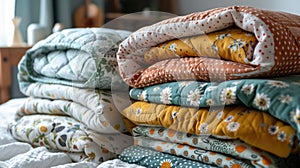 Stack of Cozy Children's Quilts and Blankets with Playful Patterns and Textures for Warmth and Comfort