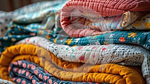 Stack of Cozy Children's Quilts and Blankets with Playful Patterns and Textures for Warmth and Comfort