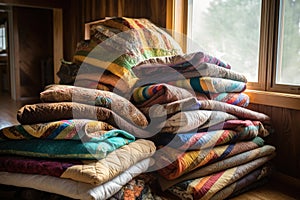 stack of cozy handmade quilts in soft natural light