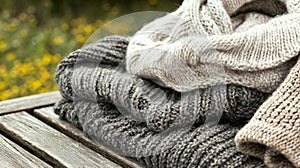 Stack of cozy knitted sweaters outdoors on wooden bench
