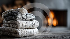 Stack of cozy, knitted wool sweaters in neutral colorsâgray and beigeâon a rustic