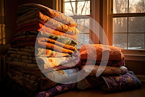 stack of cozy quilts in soft, warm lighting