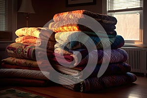 stack of cozy quilts in soft, warm lighting