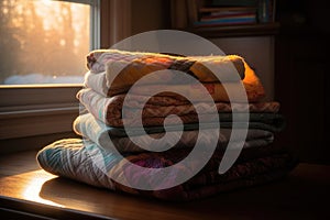 stack of cozy quilts in soft, warm lighting